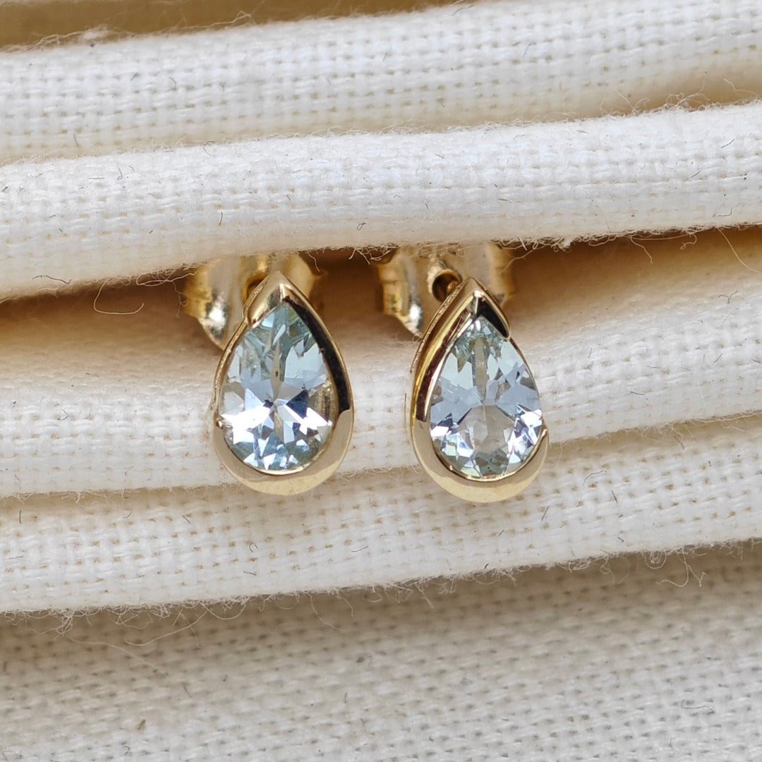 9ct Yellow Gold Aquamarine Earrings Natural Blue Gemstone Studs