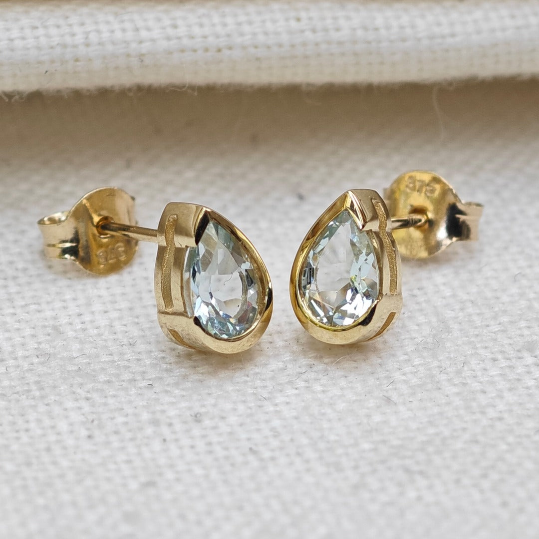 9ct Yellow Gold Aquamarine Earrings Natural Blue Gemstone Studs