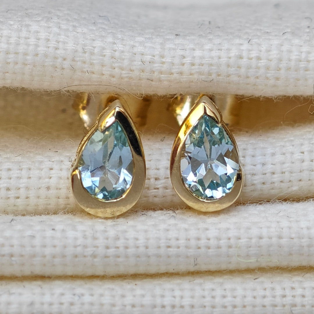 9ct Yellow Gold Blue Topaz Earrings Natural Treated Gemstone Studs Handmade