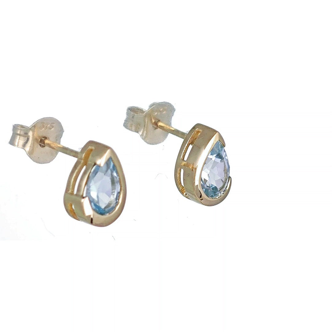 9ct Yellow Gold Blue Topaz Earrings Natural Treated Gemstone Studs Handmade