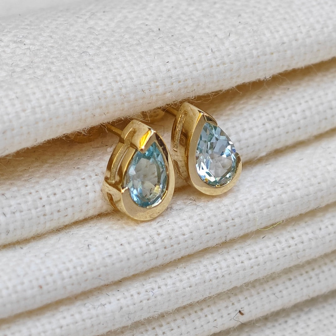 9ct Yellow Gold Blue Topaz Earrings Natural Treated Gemstone Studs Handmade