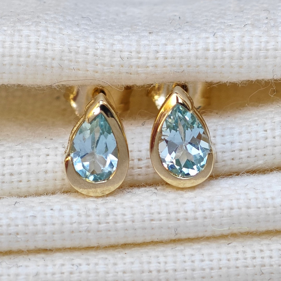 9ct Yellow Gold Blue Topaz Earrings Natural Treated Gemstone Studs Handmade