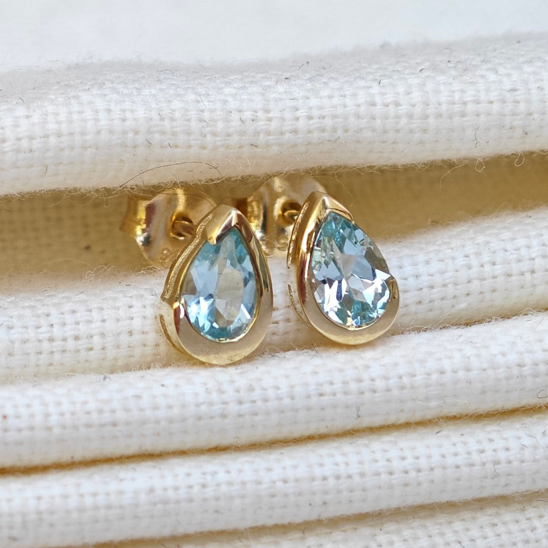 9ct Yellow Gold Blue Topaz Earrings Natural Treated Gemstone Studs Handmade