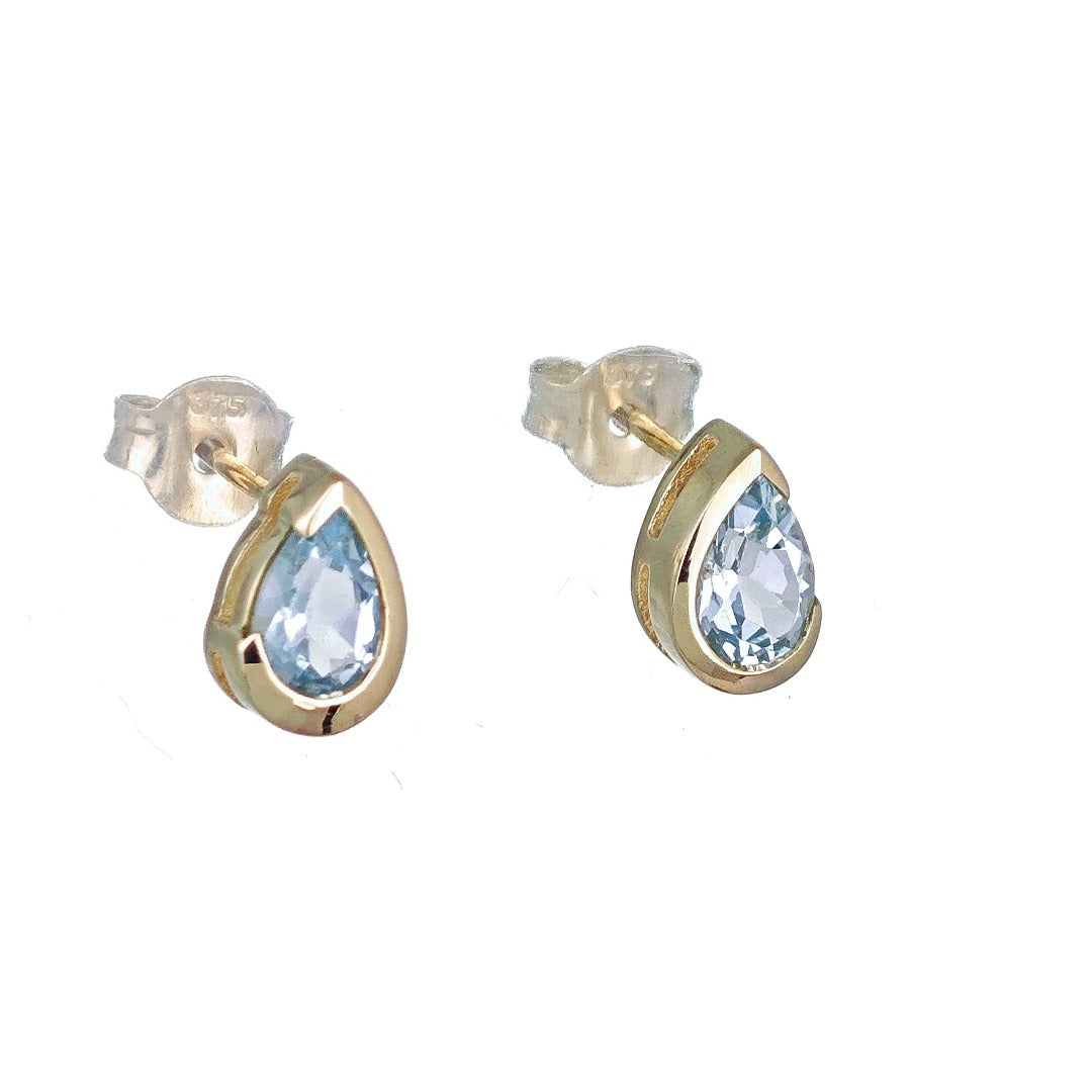 9ct Yellow Gold Blue Topaz Earrings Natural Treated Gemstone Studs Handmade