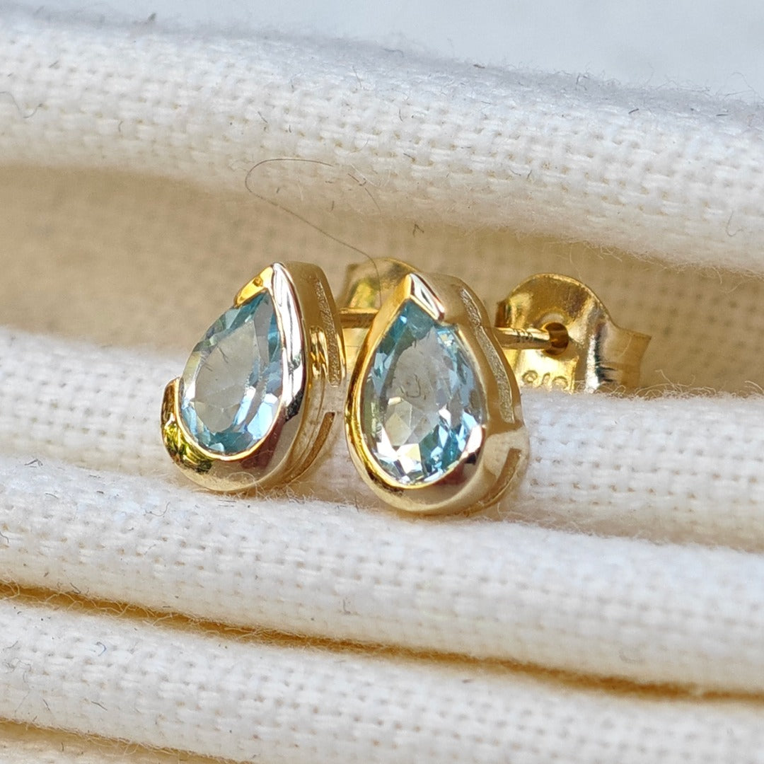 9ct Yellow Gold Blue Topaz Earrings Natural Treated Gemstone Studs Handmade