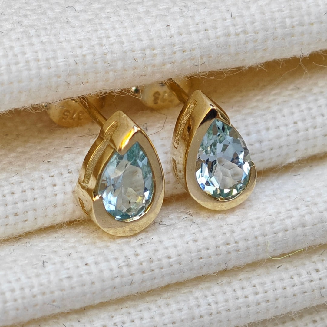 9ct Yellow Gold Blue Topaz Earrings Natural Treated Gemstone Studs Handmade