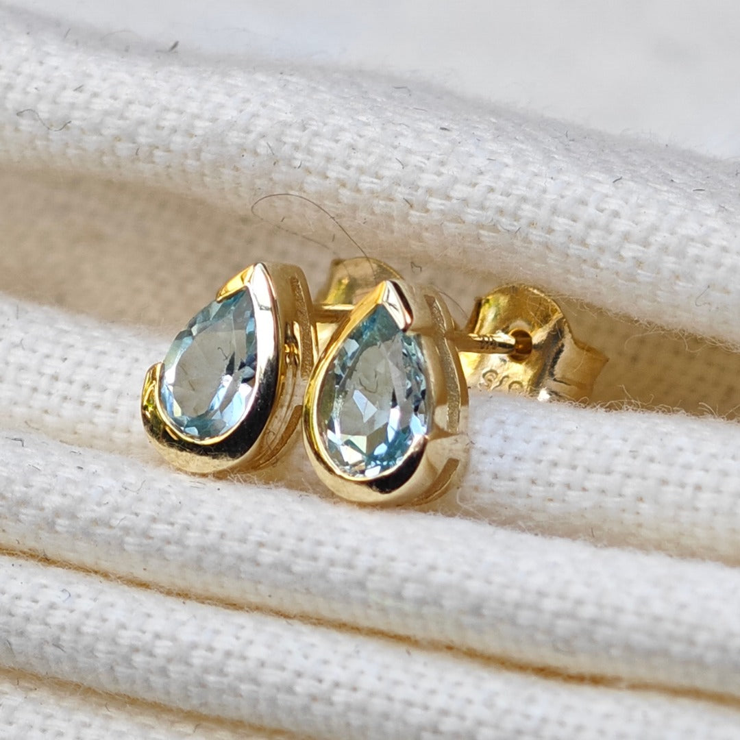 9ct Yellow Gold Blue Topaz Earrings Natural Treated Gemstone Studs Handmade