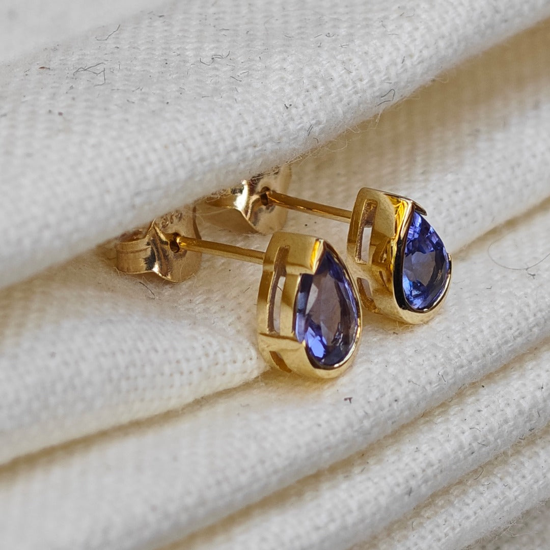 9ct Gold Tanzanite Earrings Natural Blue Gemstone Studs Handmade