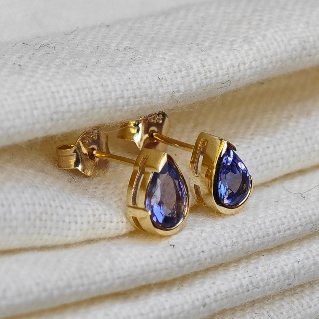 9ct Gold Tanzanite Earrings Natural Blue Gemstone Studs Handmade