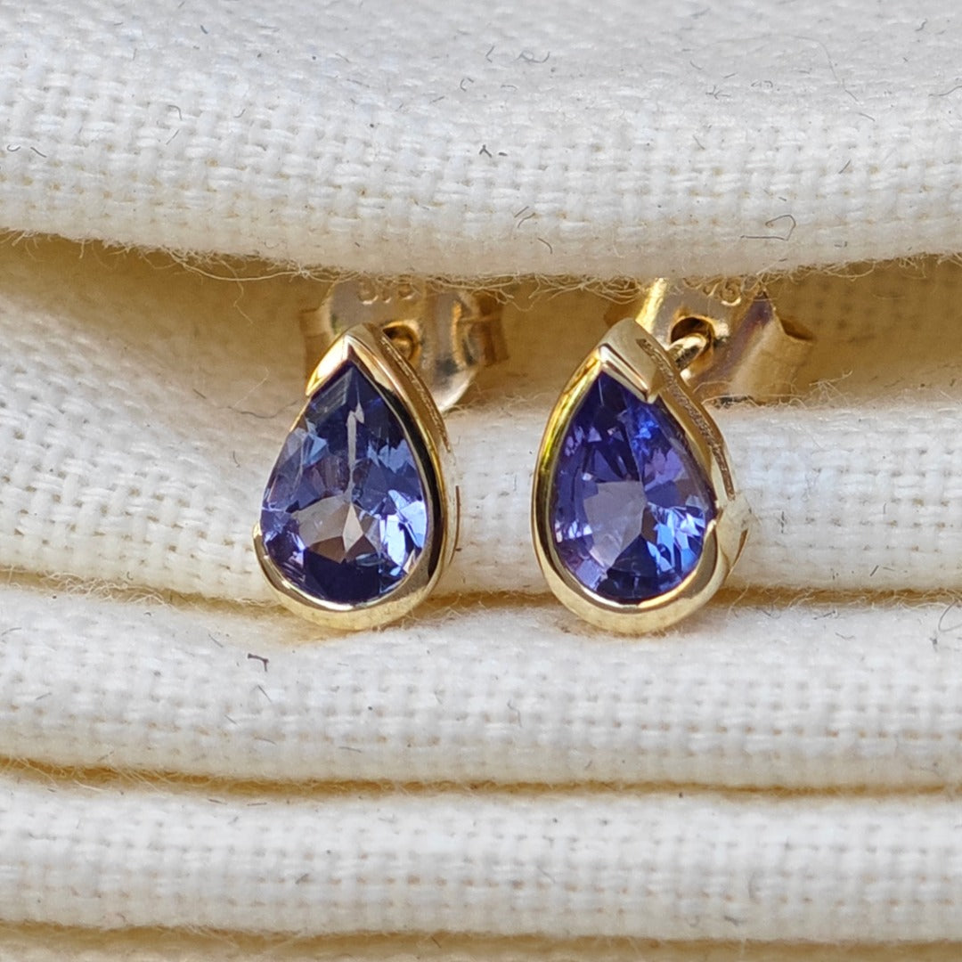 9ct Gold Tanzanite Earrings Natural Blue Gemstone Studs Handmade