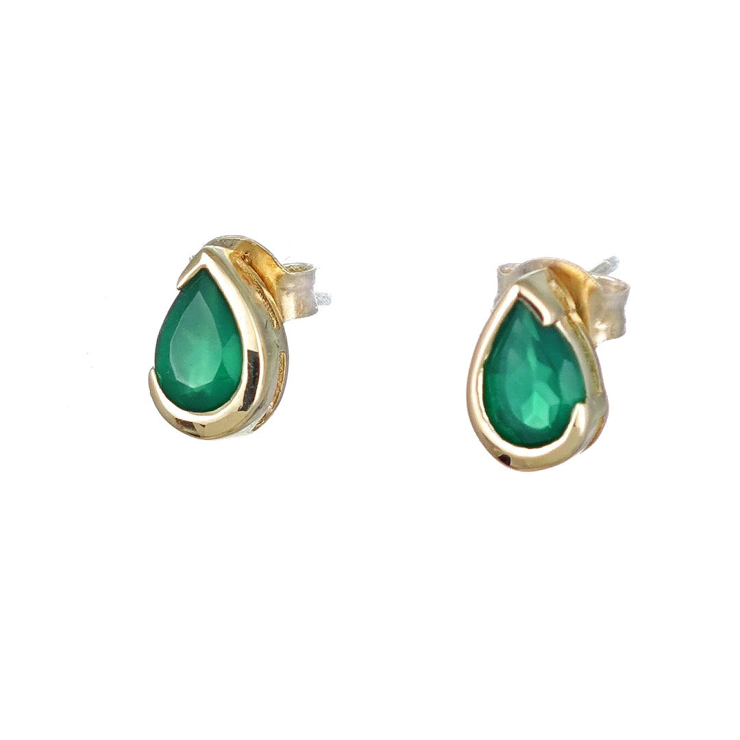 Green Onyx Earrings 9ct Yellow Gold Studs Infinity Loop