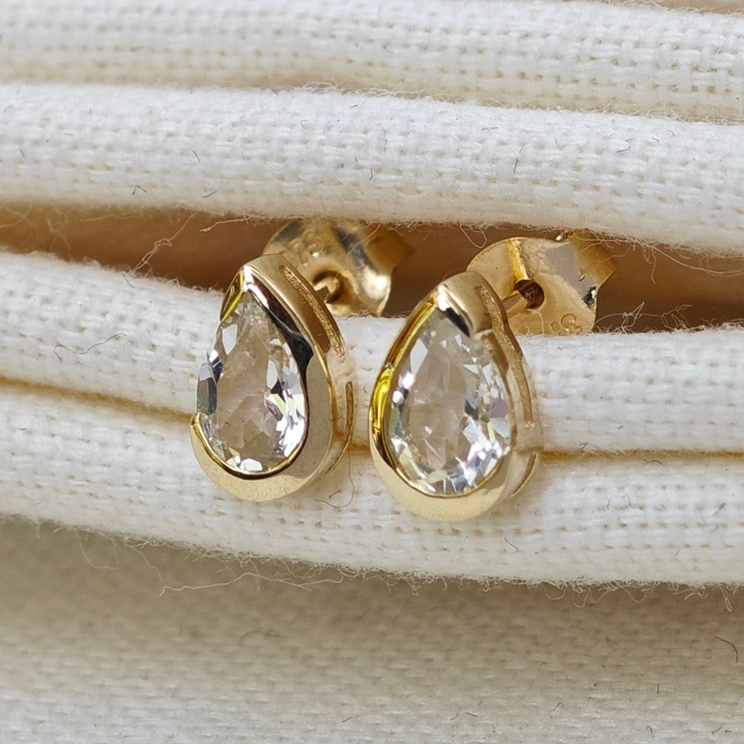 White Topaz Earrings 9ct Yellow Gold Studs Infinity Loop