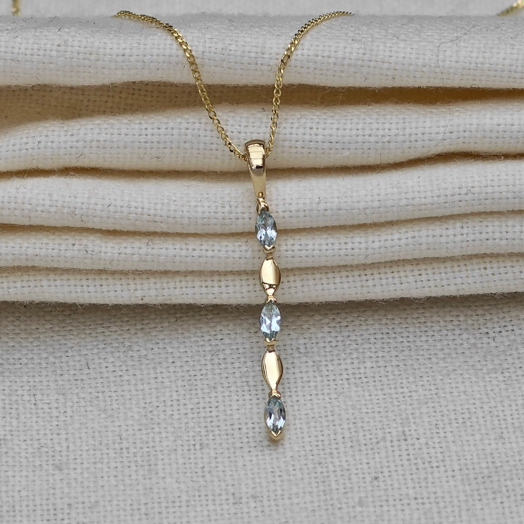 9ct Yellow Gold Blue Topaz Necklace Natural Treated Marquise Gemstones