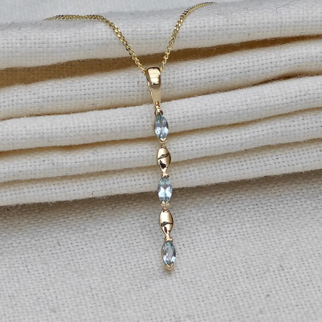 9ct Yellow Gold Blue Topaz Necklace Natural Treated Marquise Gemstones