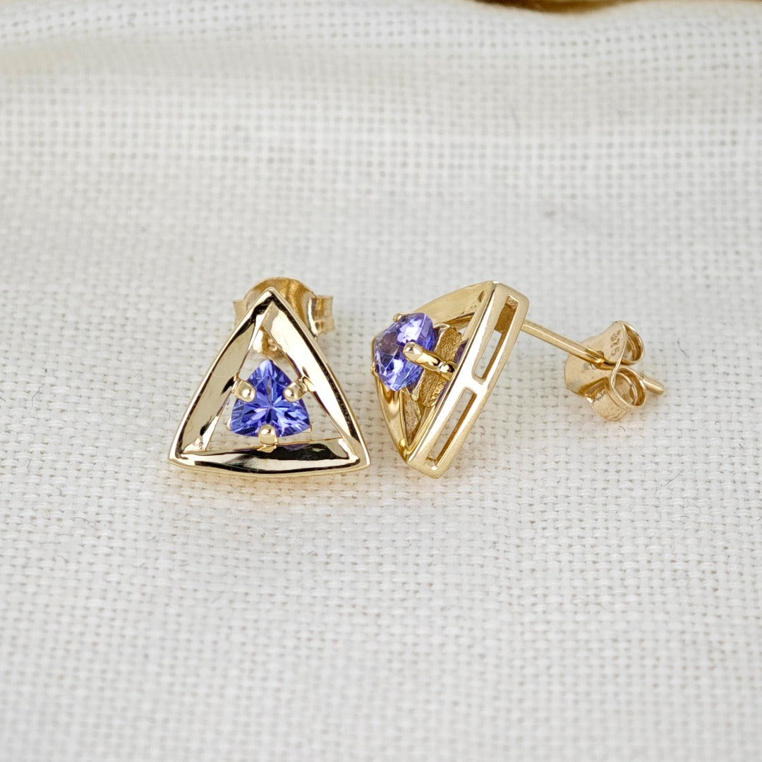 Tanzanite Earrings 9ct Yellow Gold Studs Studs Trillion