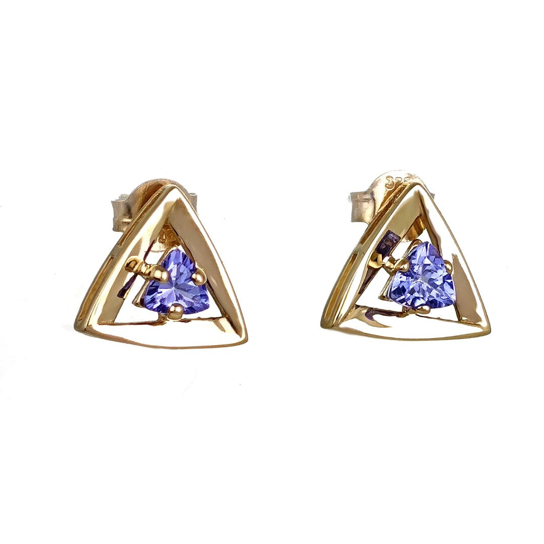 Tanzanite Earrings 9ct Yellow Gold Studs Studs Trillion