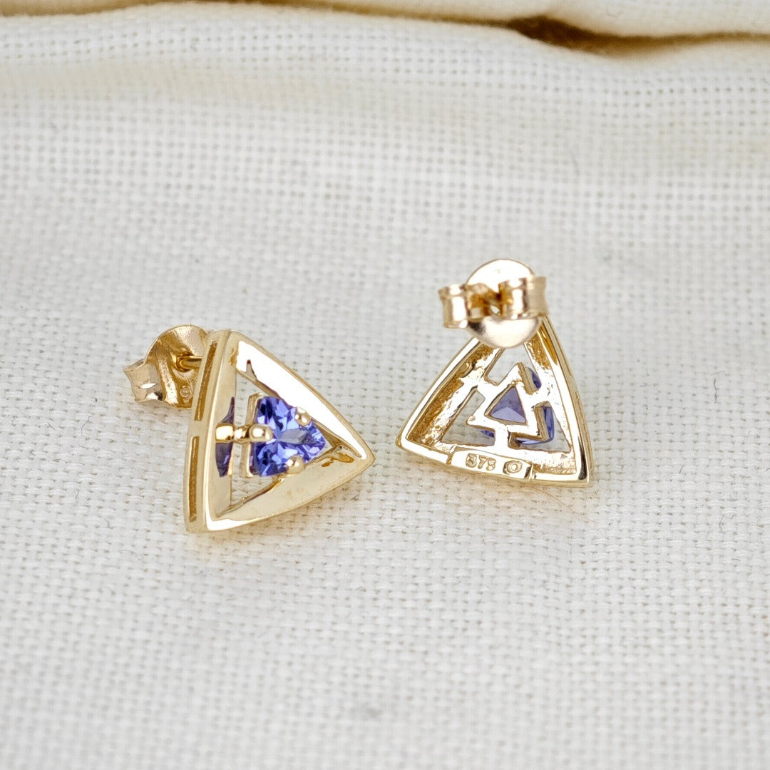 Tanzanite Earrings 9ct Yellow Gold Studs Studs Trillion