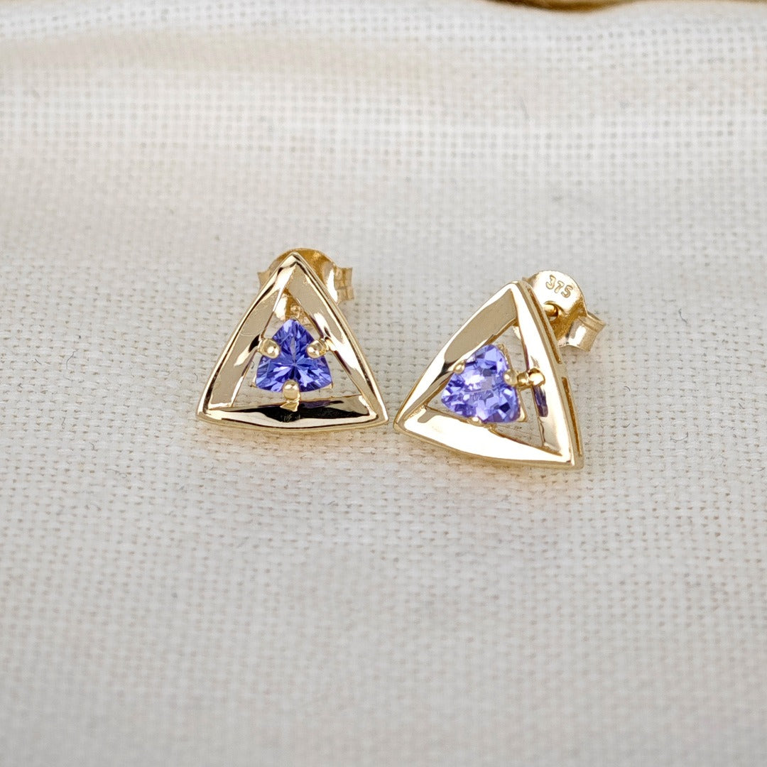 Tanzanite Earrings 9ct Yellow Gold Studs Studs Trillion