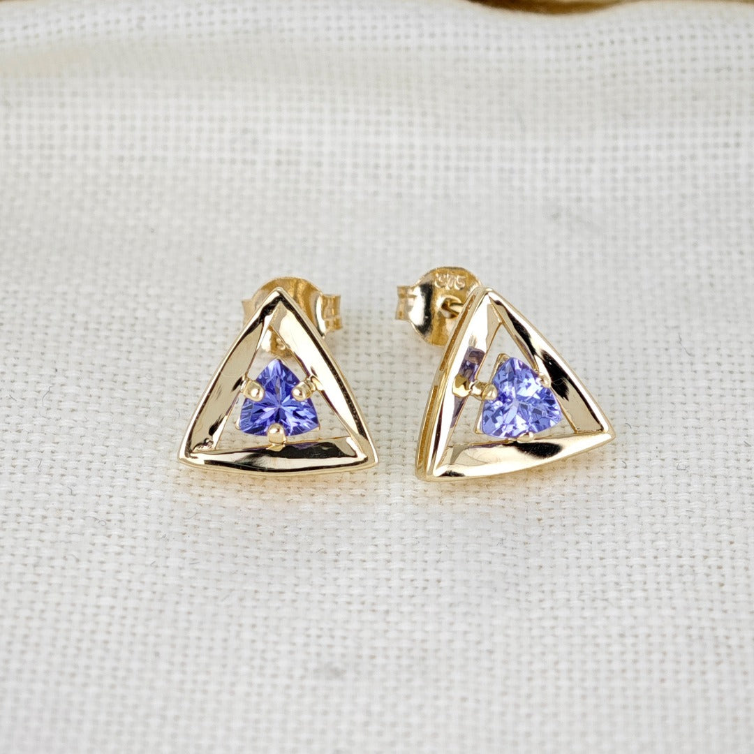 Tanzanite Earrings 9ct Yellow Gold Studs Studs Trillion