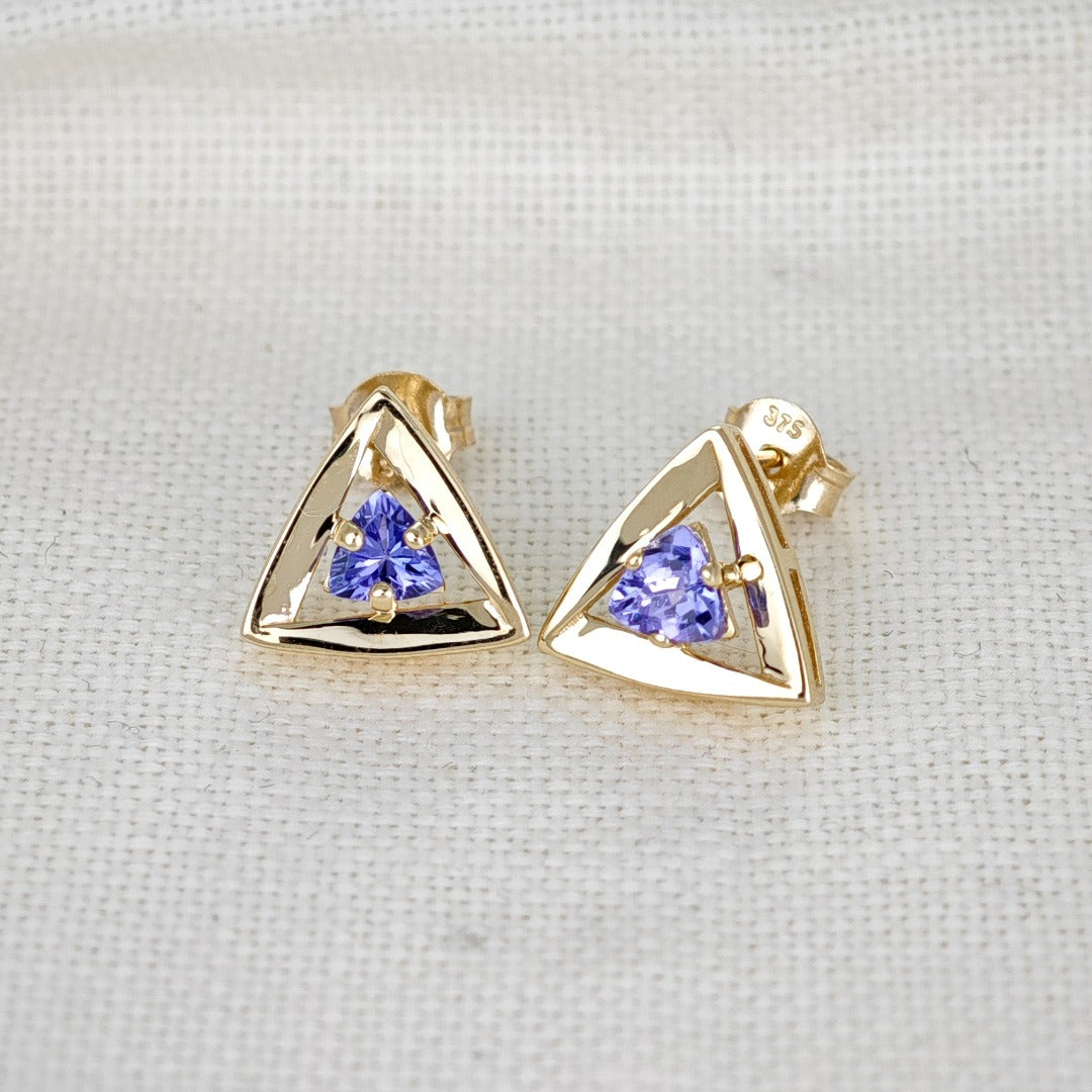 Tanzanite Earrings 9ct Yellow Gold Studs Studs Trillion