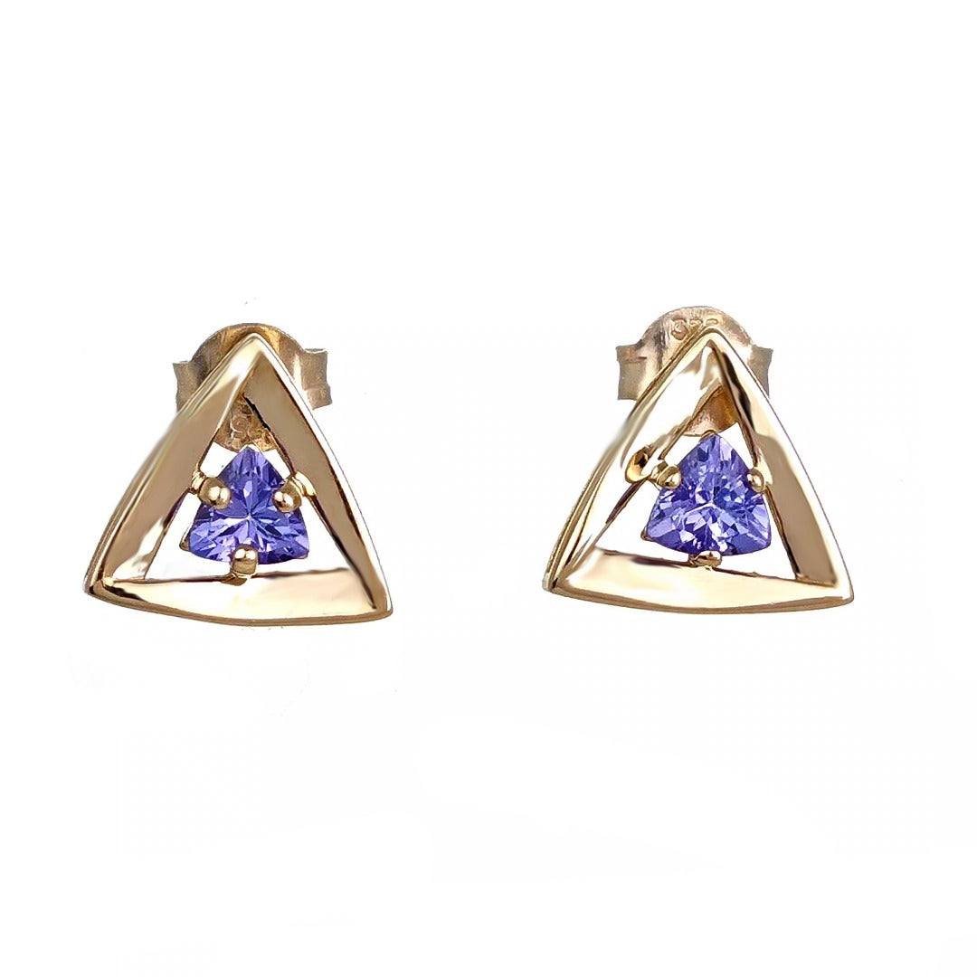 Tanzanite Earrings 9ct Yellow Gold Studs Studs Trillion