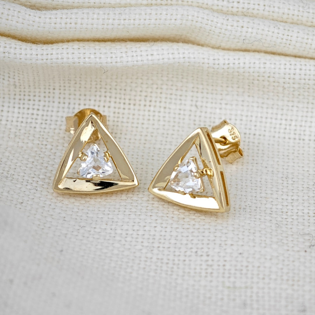 9ct Gold White Topaz Earrings Trillion Studs