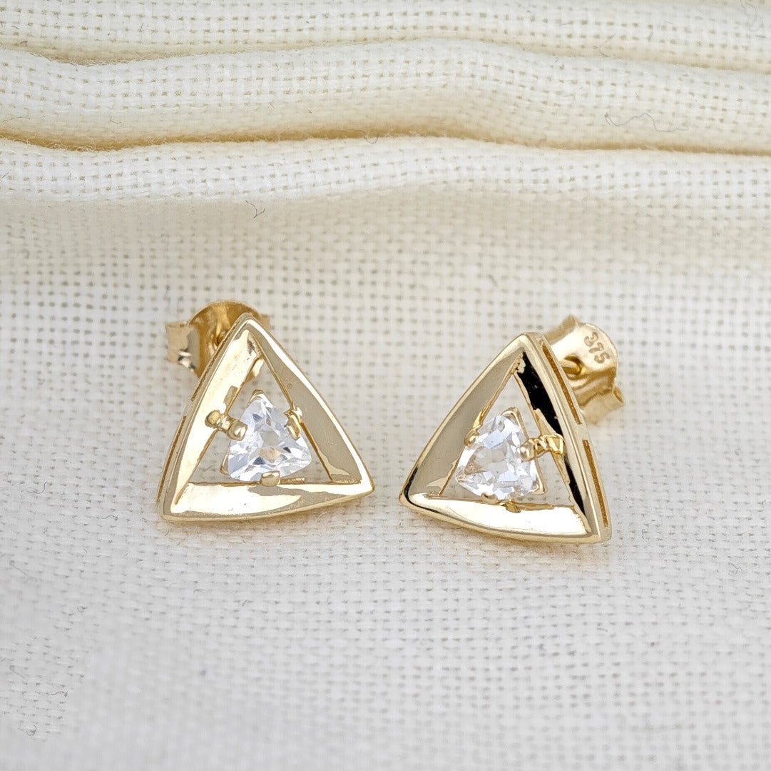 9ct Gold White Topaz Earrings Trillion Studs