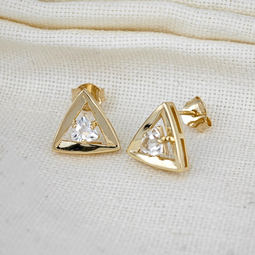 9ct Gold White Topaz Earrings Trillion Studs