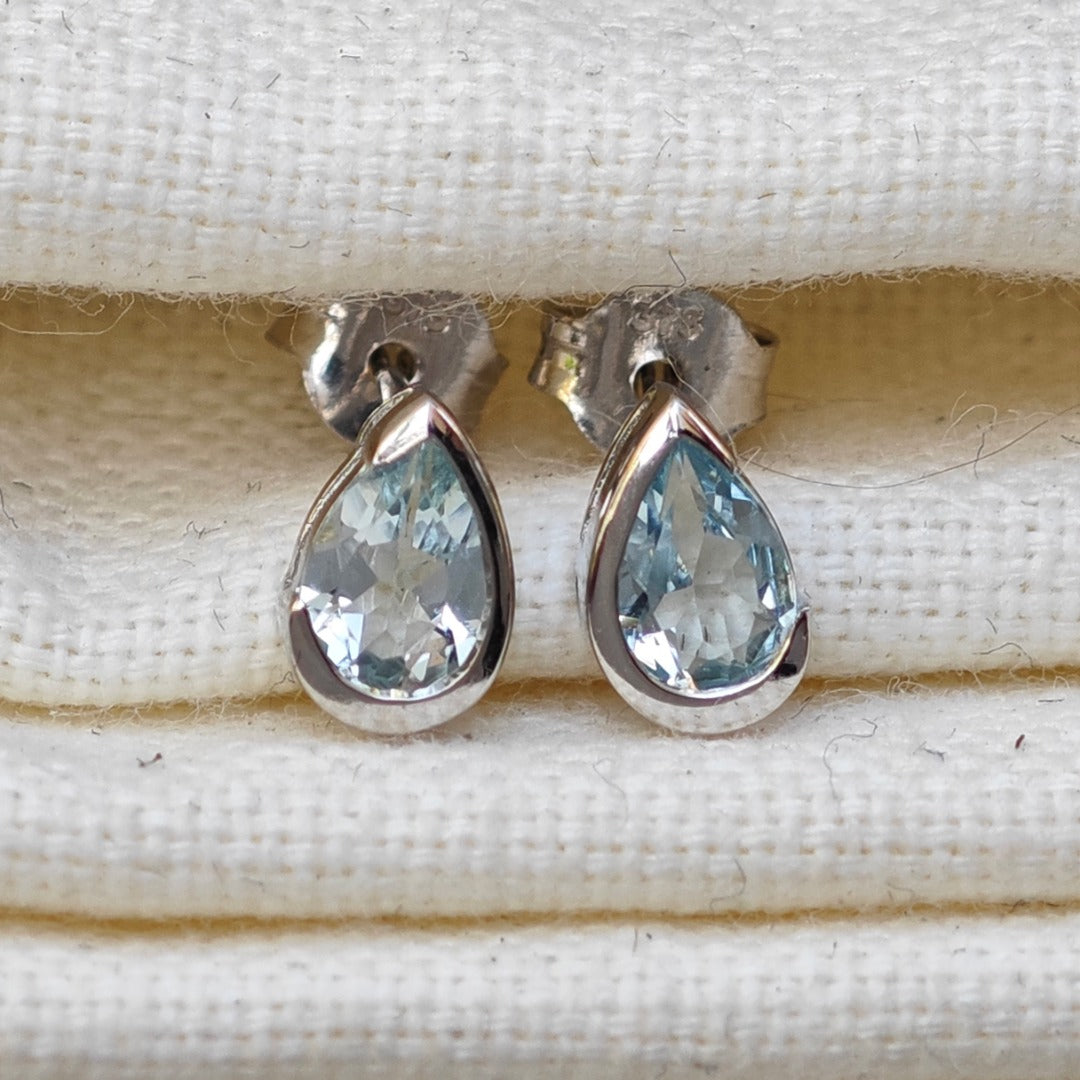 9ct White Gold Aquamarine Earrings  Natural Blue Gemstone Studs