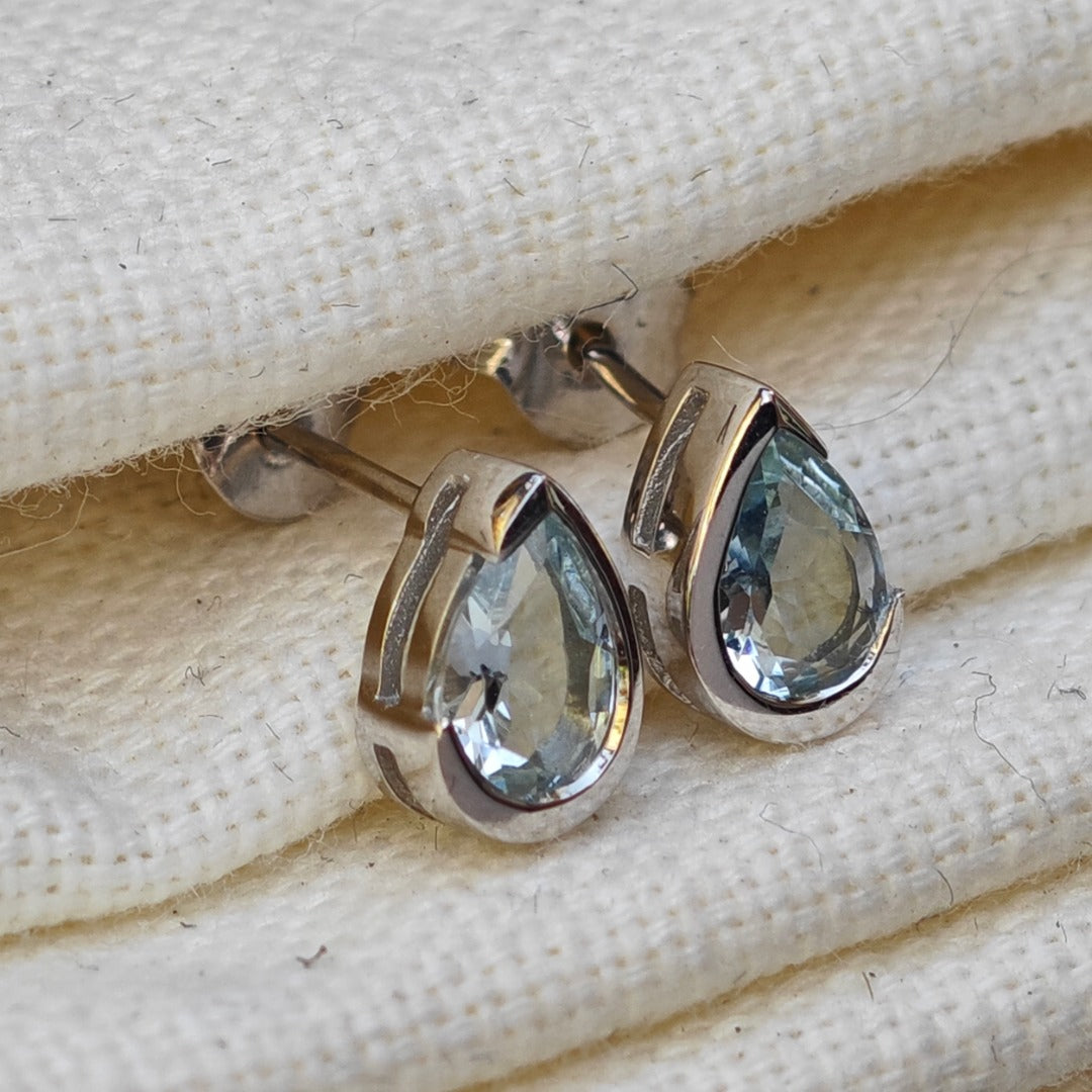 9ct White Gold Aquamarine Earrings  Natural Blue Gemstone Studs