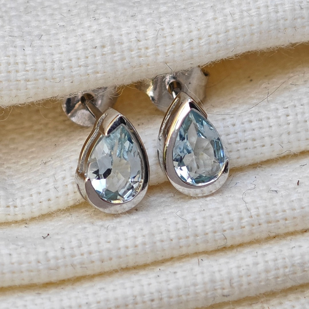 9ct White Gold Aquamarine Earrings  Natural Blue Gemstone Studs