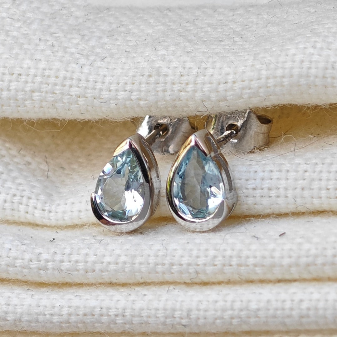 9ct White Gold Aquamarine Earrings  Natural Blue Gemstone Studs