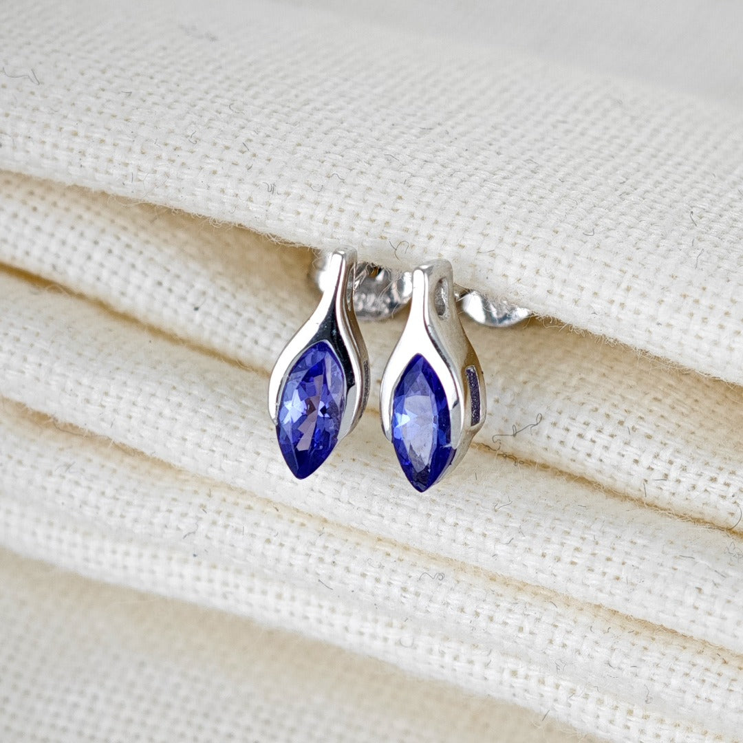 Tanzanite Earrings 9ct White Gold Studs Minimalist Marquise