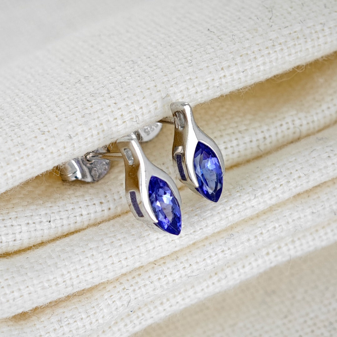 Tanzanite Earrings 9ct White Gold Studs Minimalist Marquise