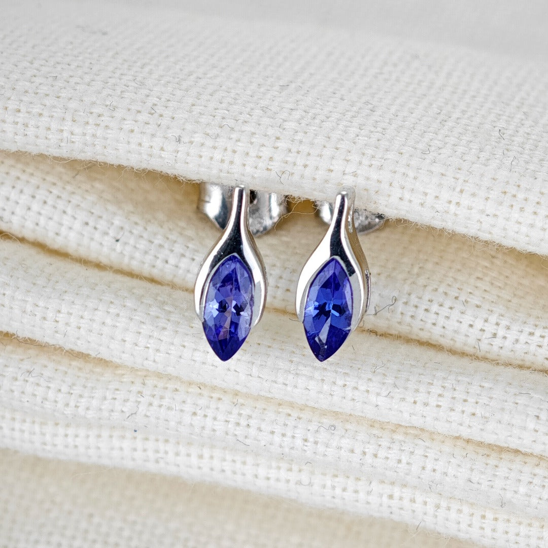 Tanzanite Earrings 9ct White Gold Studs Minimalist Marquise