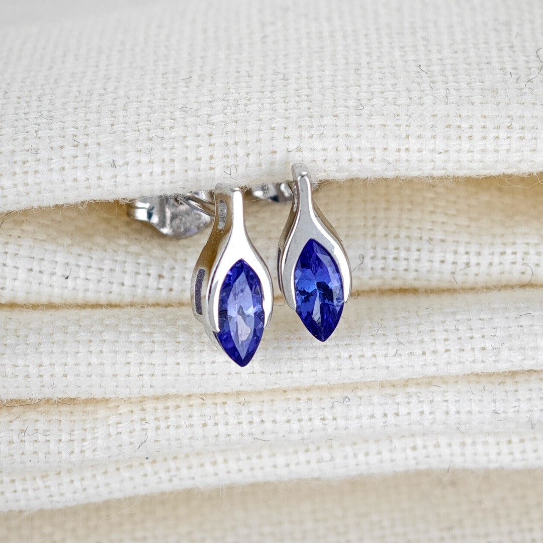 Tanzanite Earrings 9ct White Gold Studs Minimalist Marquise