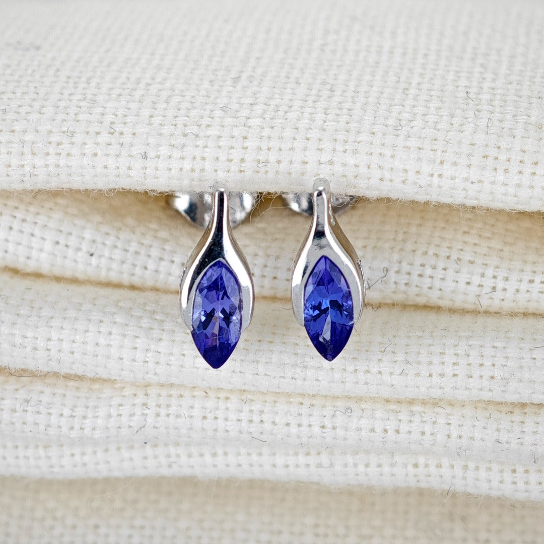 Tanzanite Earrings 9ct White Gold Studs Minimalist Marquise