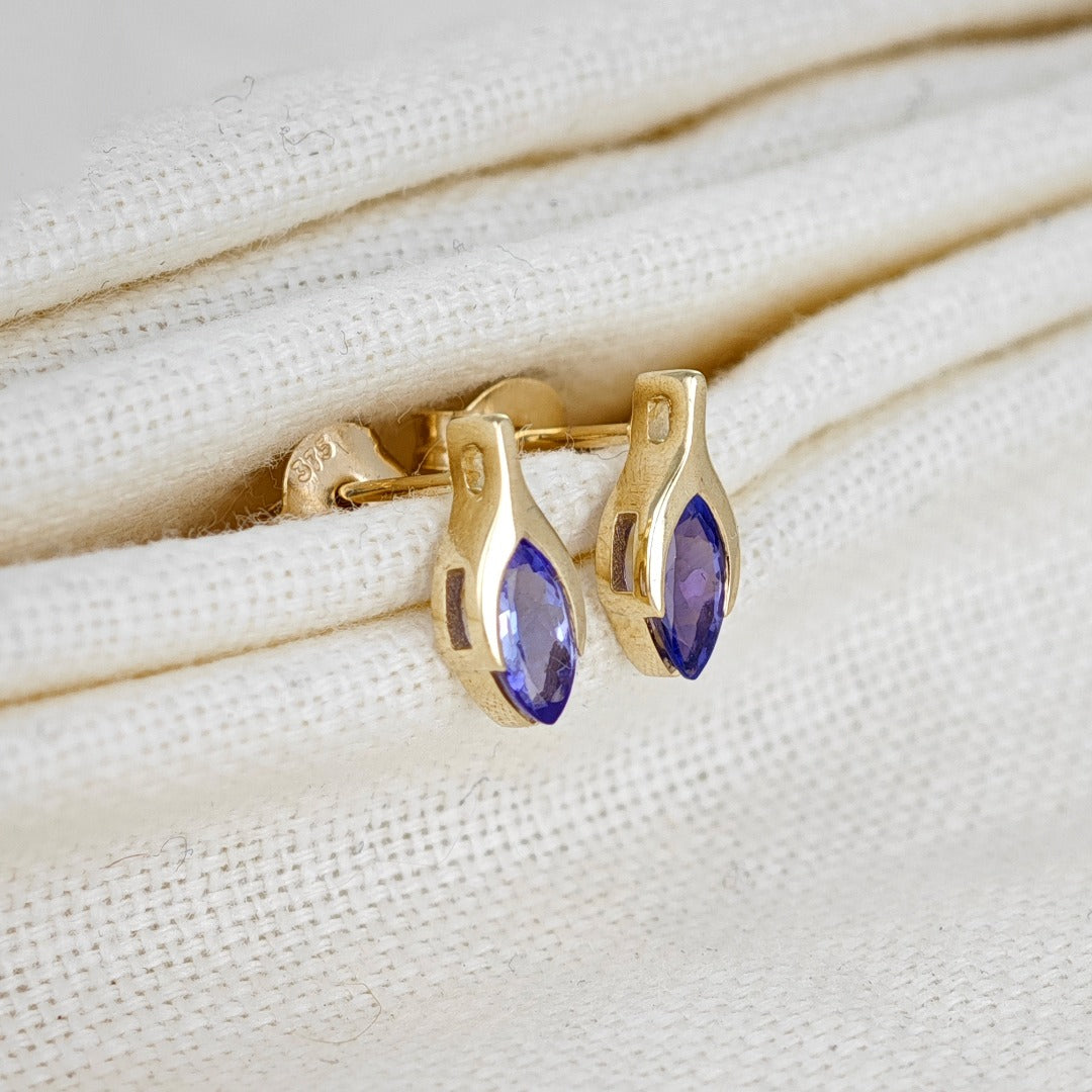 Tanzanite Earrings 9ct Yellow Gold Studs Minimalist Marquise