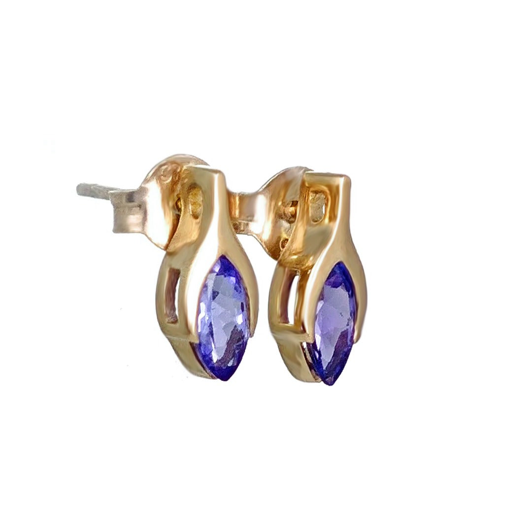 Tanzanite Earrings 9ct Yellow Gold Studs Minimalist Marquise