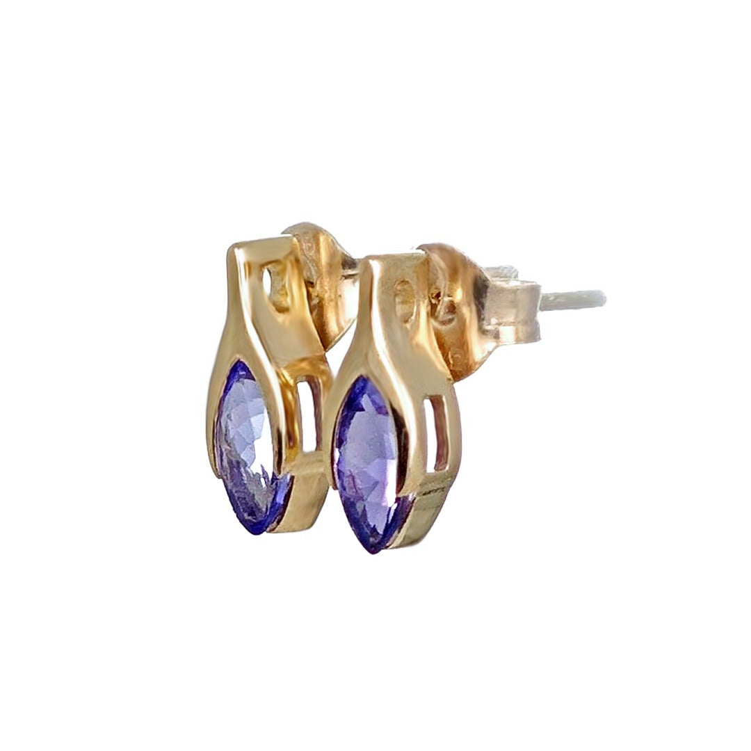 Tanzanite Earrings 9ct Yellow Gold Studs Minimalist Marquise