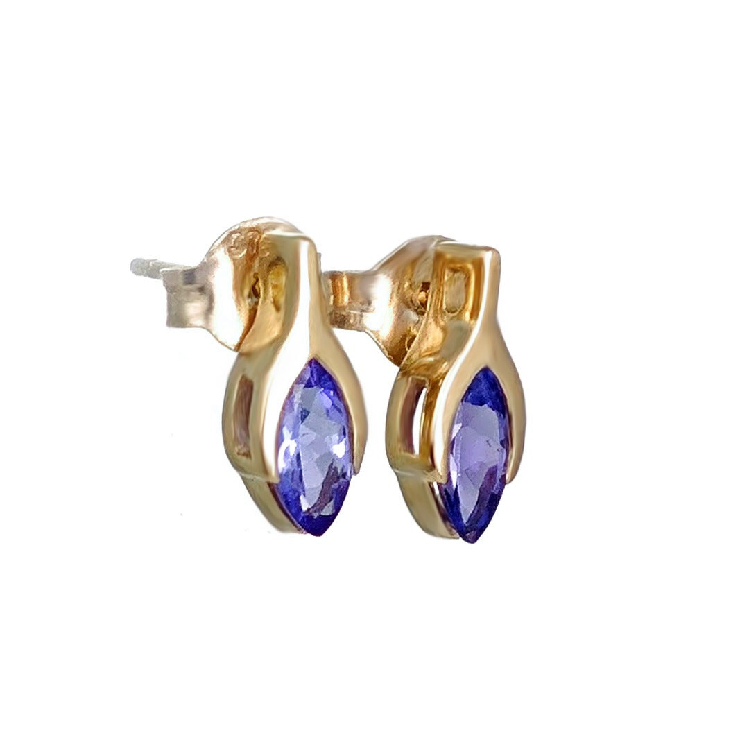 Tanzanite Earrings 9ct Yellow Gold Studs Minimalist Marquise