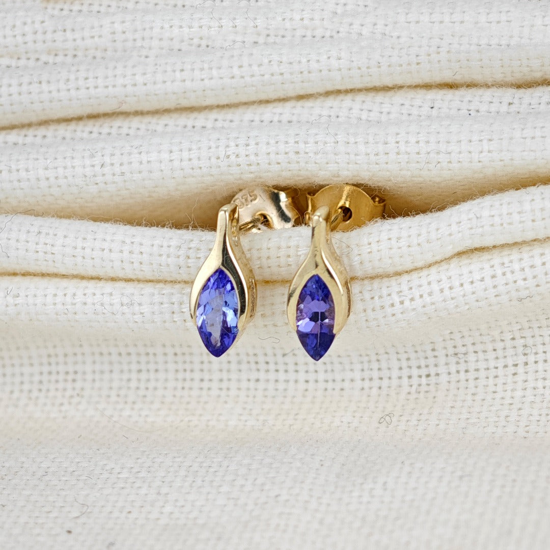 Tanzanite Earrings 9ct Yellow Gold Studs Minimalist Marquise