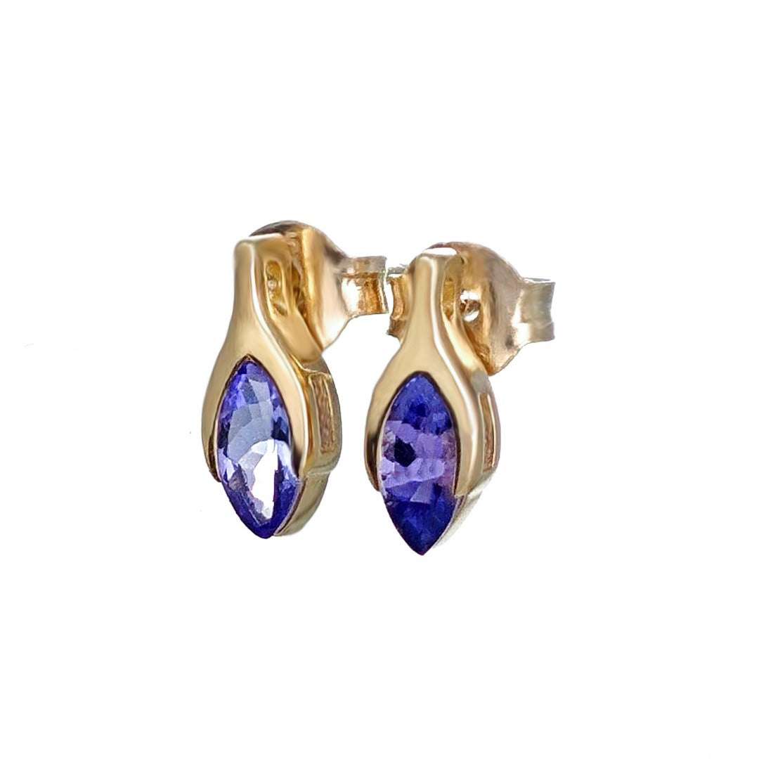 Tanzanite Earrings 9ct Yellow Gold Studs Minimalist Marquise