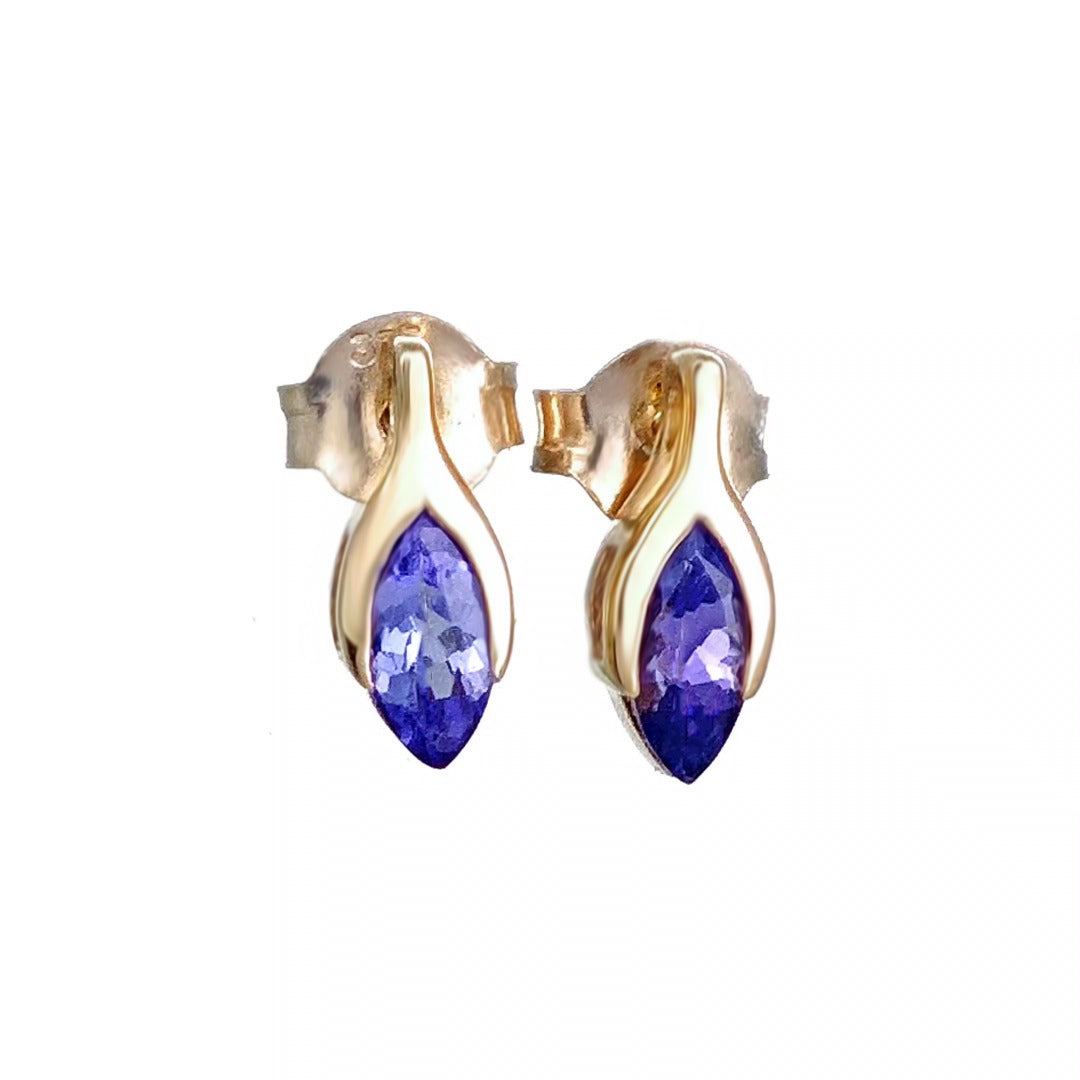 Tanzanite Earrings 9ct Yellow Gold Studs Minimalist Marquise