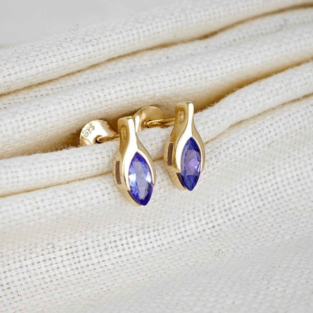 Tanzanite Earrings 9ct Yellow Gold Studs Minimalist Marquise