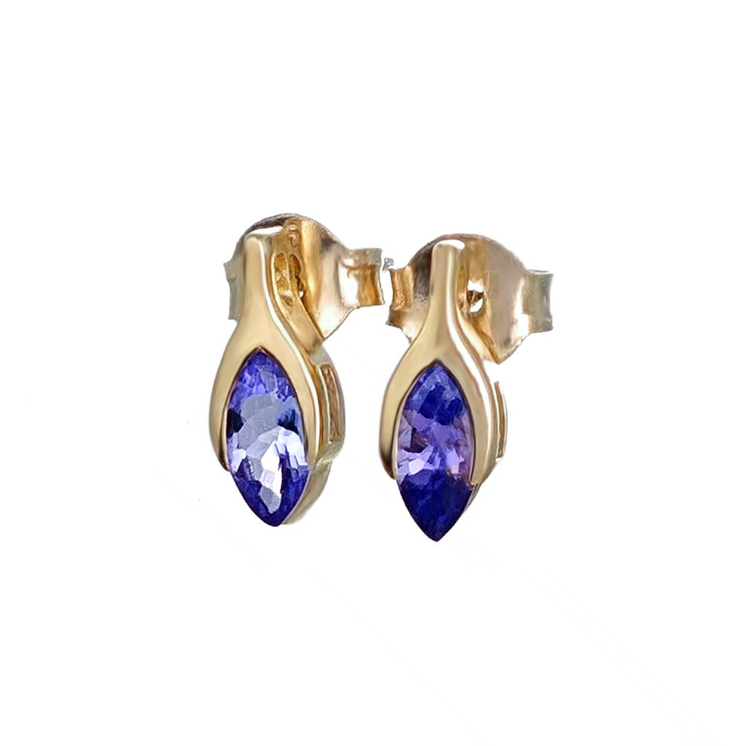 Tanzanite Earrings 9ct Yellow Gold Studs Minimalist Marquise