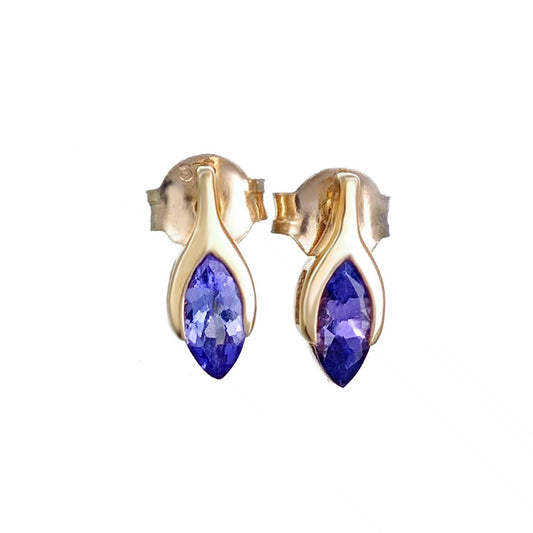 Tanzanite Earrings 9ct Yellow Gold Studs Minimalist Marquise