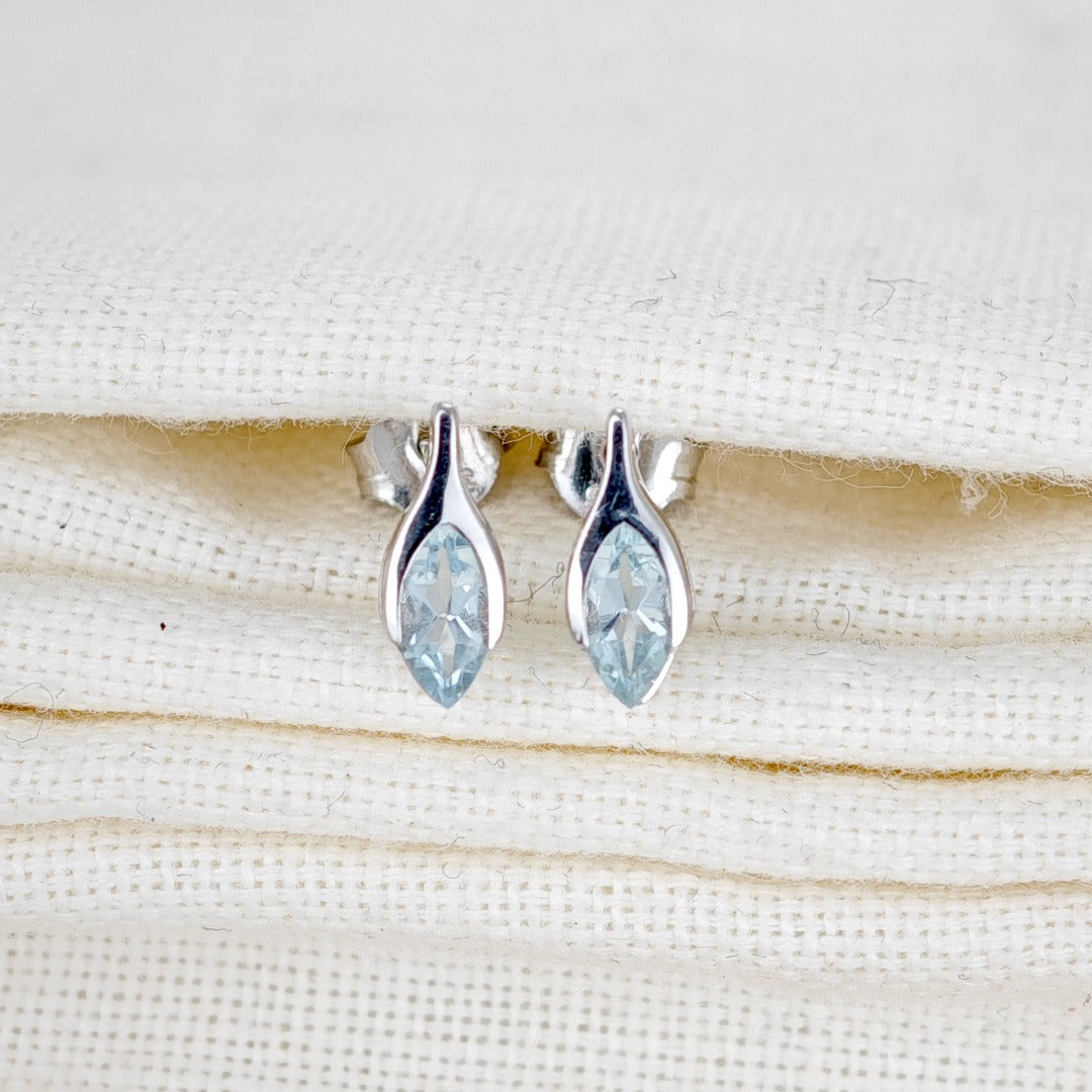 9ct White Gold Aquamarine Earrings Minimalist Marquise Studs