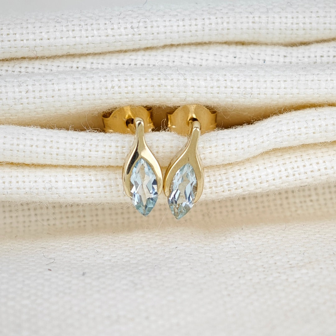 9ct Gold Aquamarine Earrings Minimalist Marquise Blue Gemstone Studs