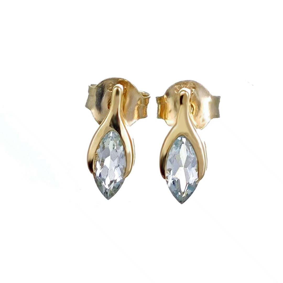 9ct Gold Aquamarine Earrings Minimalist Marquise Blue Gemstone Studs